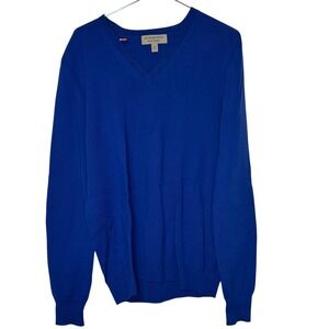 Burberry‎ Mens Sweater Merino Wool Knit Nova Check Elbow Patch V-Neck Blue Small